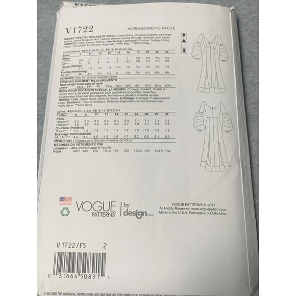 Vogue Patterns V1722 Nicola Finetti Dress Sewing Pattern Size 16 18 20 22 24 unc - Picture 3 of 4